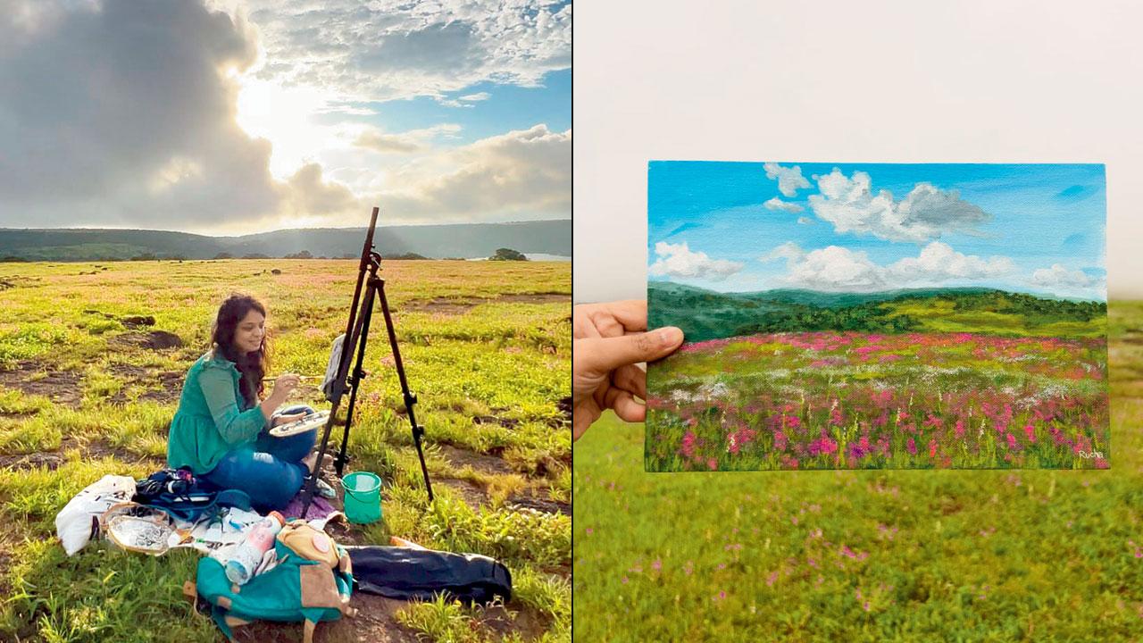 Rucha Limaye at work on her canvas (right) Limaye’s work in the foreground of the Kaas Plateau. Pic Courtesy/@ruandchai on Instagram