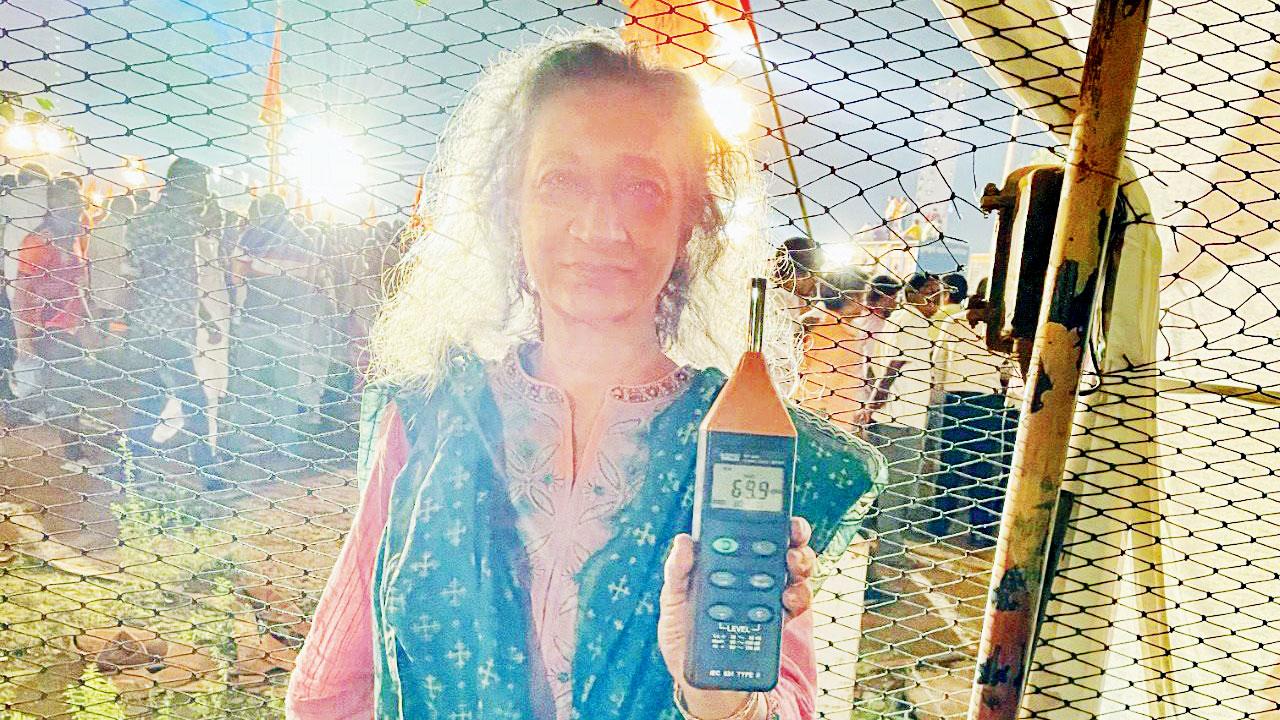Activist Sumaira Abdulali with a sound level monitor at Shivaji Park on Wednesday