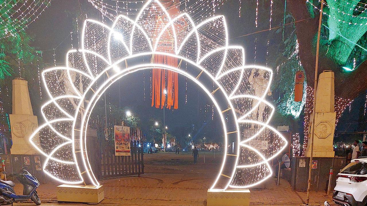 The brightly lit entrance; decorations at Shivaji Park on Diwali