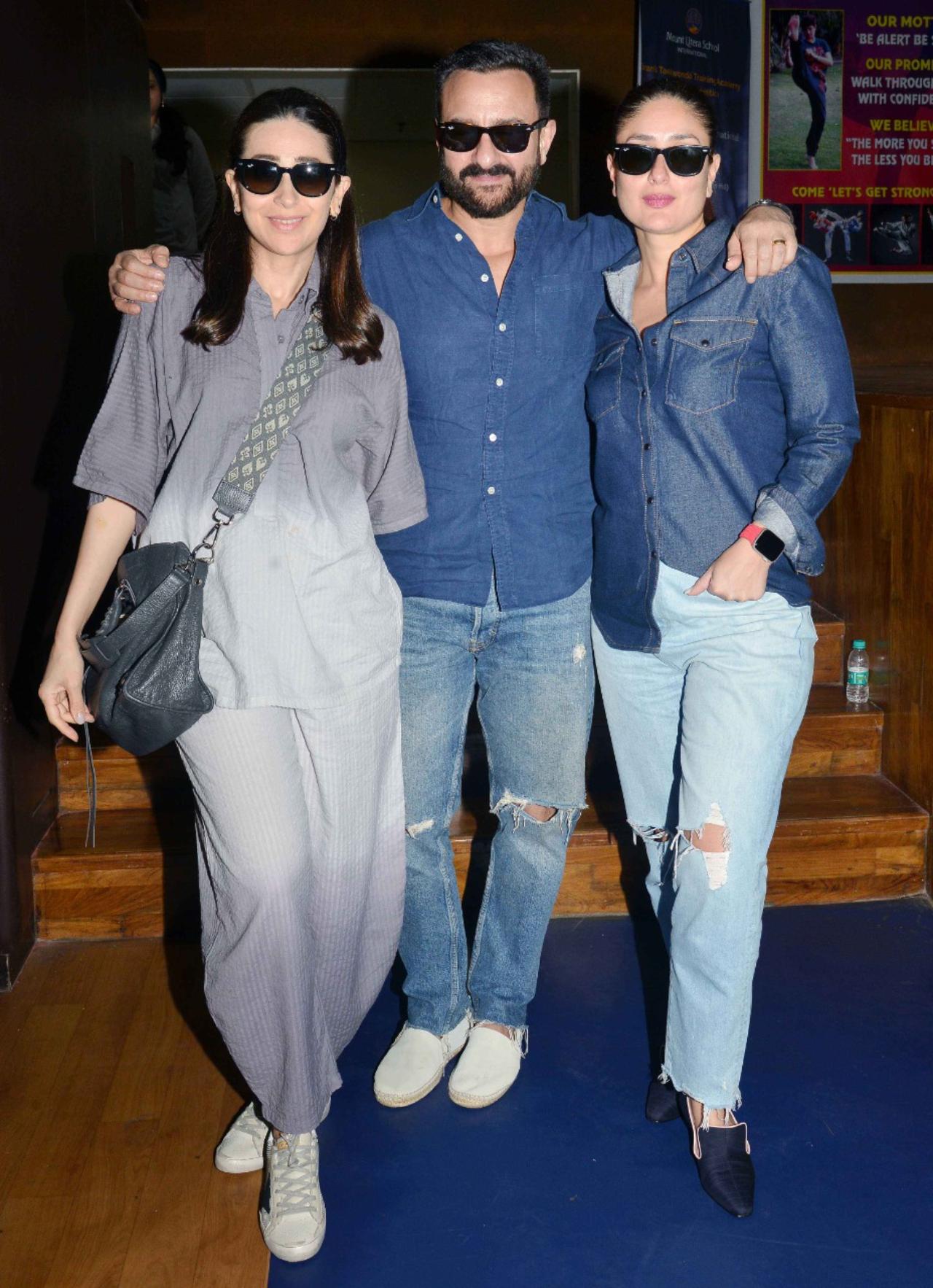 While Saif and Kareena twinned in denims, Karisma Kapoor opted for an all grey athleisure wear for the event 