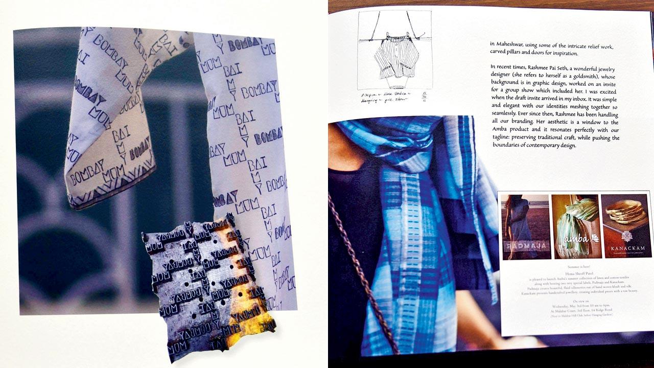 An innovative block print developed as an ode to the author’s city of residence; (right) The book carries the vibe of a journal with scribbled notes, sketches and photographs of swatches