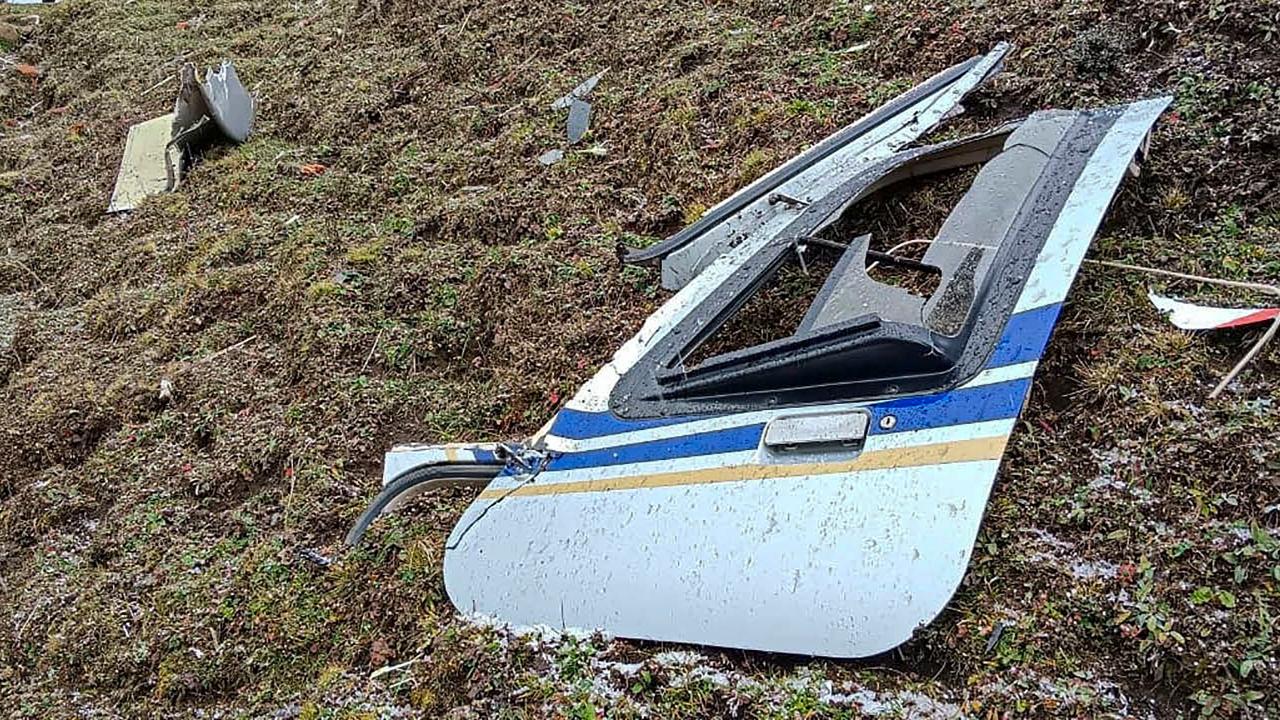 A broken part of the helicopter which crashed near Garud Chatti while carrying pilgrims, near Kedarnath in Uttarakhand