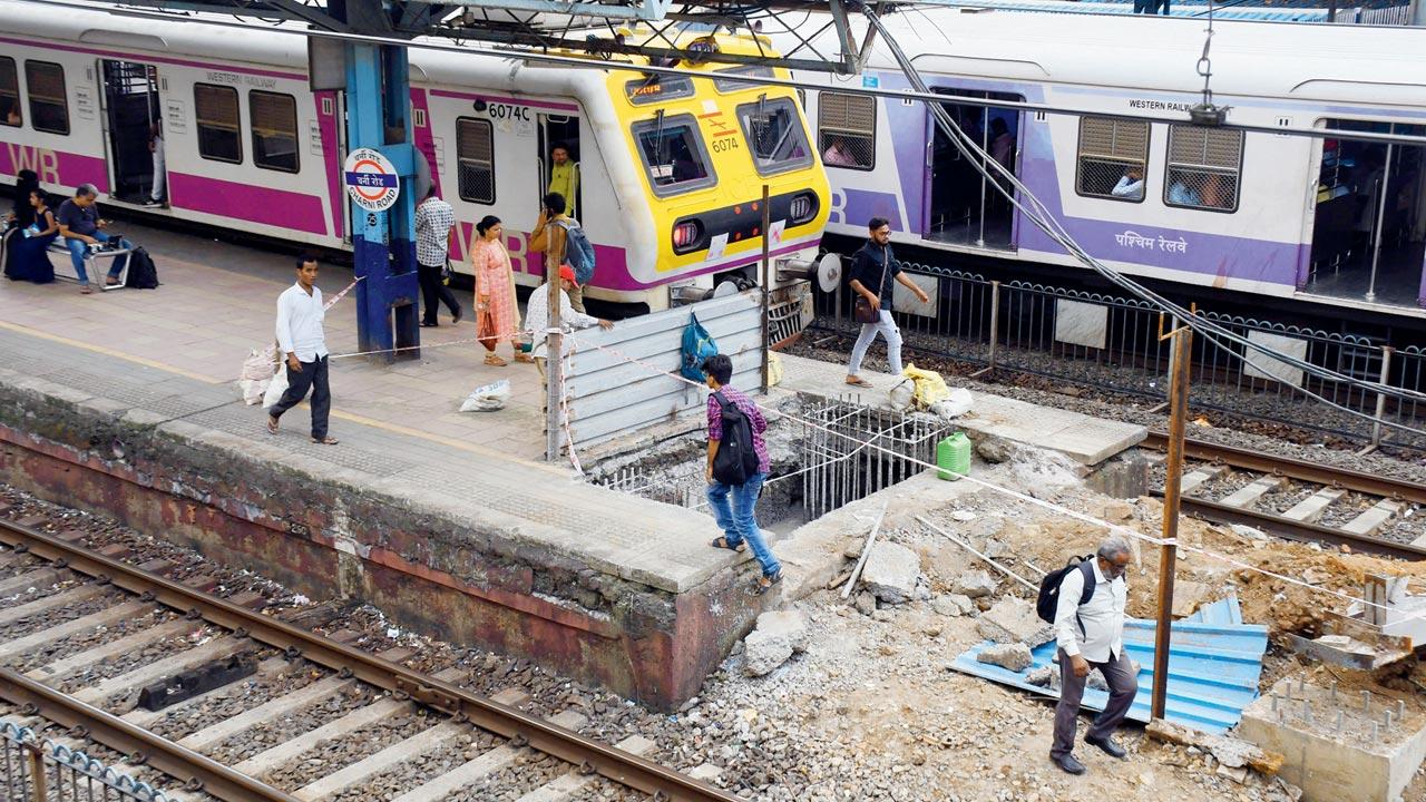 Construction of the foot overbridge underway at Charni Road station, on Monday. Pic/Ashish Raje