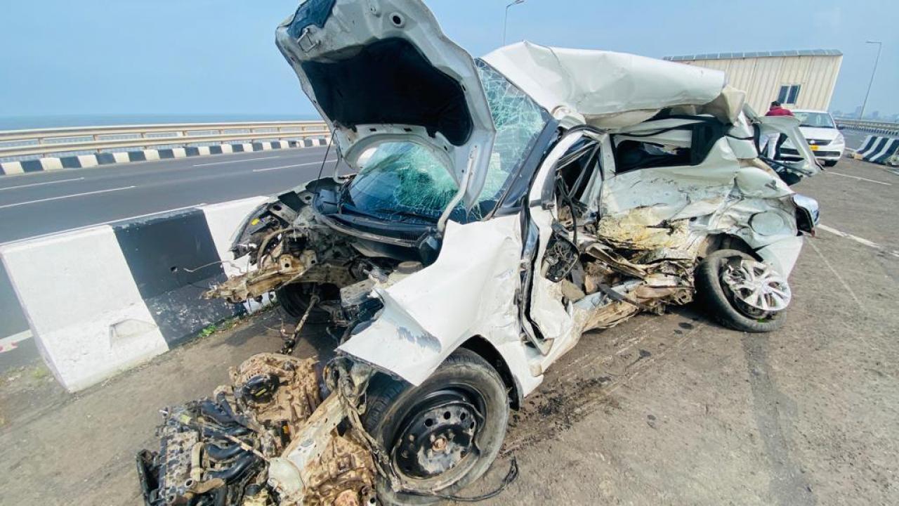 Wreckage of a car after a collision between four cars and an ambulance on the Bandra Worli Sea Link. Pic/Shadab Khan