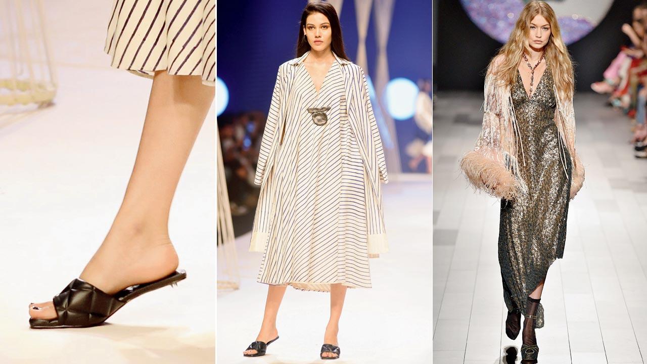 Model Samruddhi Sancheti walked the runway to showcase the collection of designer Archana Raj of Stoique during Lakme Fashion Week 2022. Pics/Shadab Khan; Gigi Hadid walks the runway without a shoe at the Anna Sui Ready to Wear Spring/Summer in 2017. Pic Courtesy/Getty Images