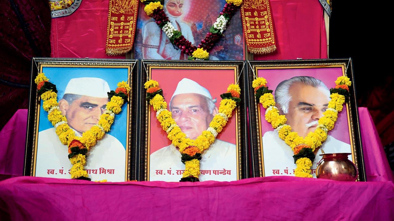 Portraits of founders Pt Shobhnath Mishra (left) and Raj Narayan Pandey,  of one of the oldest Ramleela in Mumbai at the Azad Maidan stage