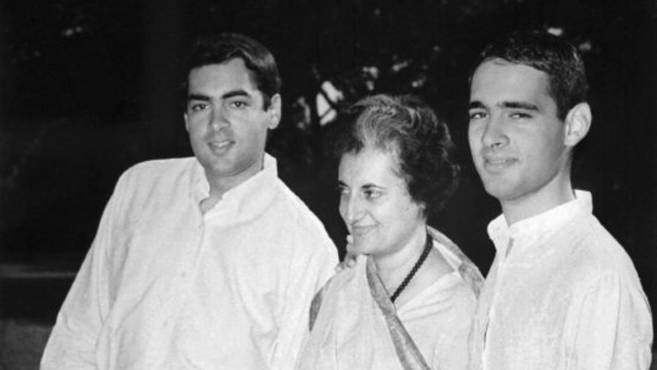 This picture taken 21 March 1977 shows Indian prime Minister Indira Gandhi with her two sons Rajiv (L) and Sanjay in New Delhi
