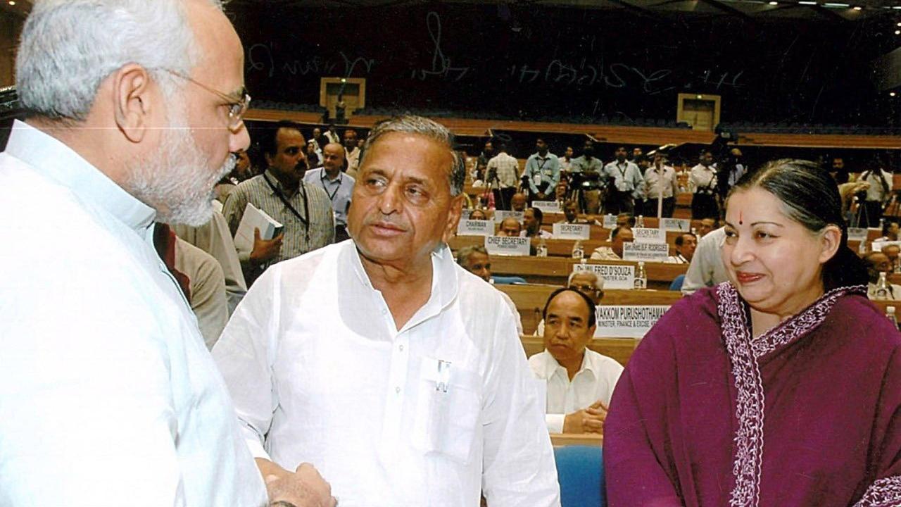 June 27, 2005: Then Chief Ministers of Gujarat, Uttar Pradesh and Tamil Nadu; Narendra Modi, Mulayam Singh Yadav and J Jayalalithaa at the 51st National Development council meeting in New Delhi, File Photo/PTI