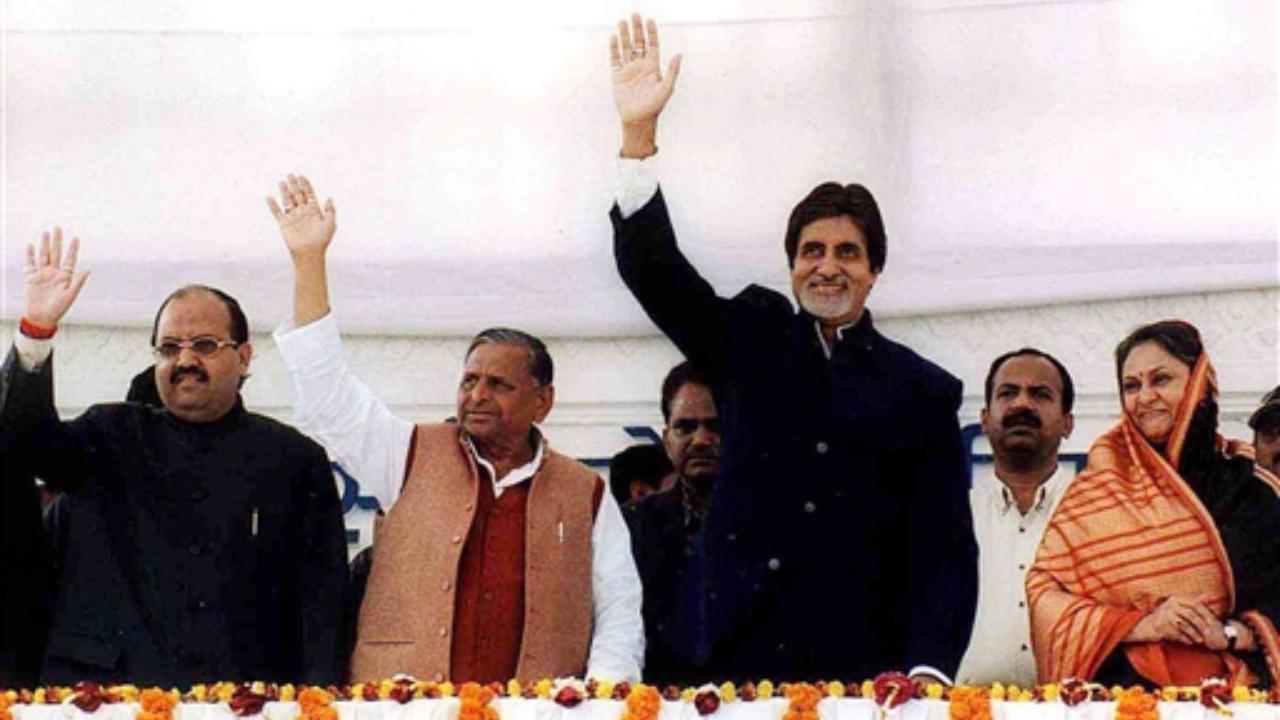 February 9, 2002: Mega Star Amitabh Bachchan flanked by his wife Jaya Bachchan, Samajwadi Party Chief Mulayam Singh Yadav and Senior Leader Amar Singh waving to the crowd at an election rally in Lucknow. File Pic/PTI