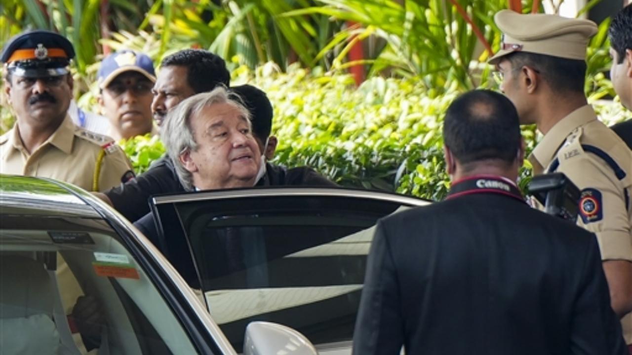 United Nations Secretary General Antonio Guterres leaves the Taj Mahal Palace hotel after paying tribute to the 26/11 terror attacks victims, in Mumbai. Pic/PTI