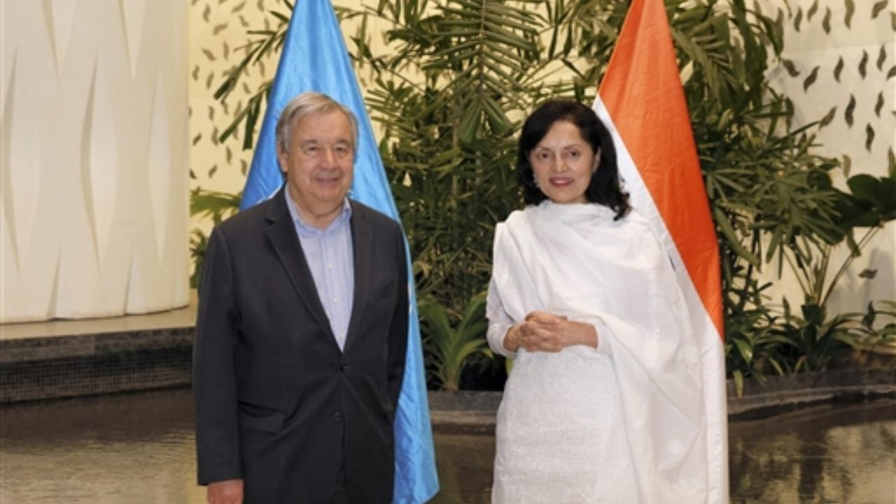 United Nations Secretary General Antonio Guterres being welcomed by India's Permanent Representative to the UN Ruchira Kamboj on his arrival in Mumbai. Pic/PTI