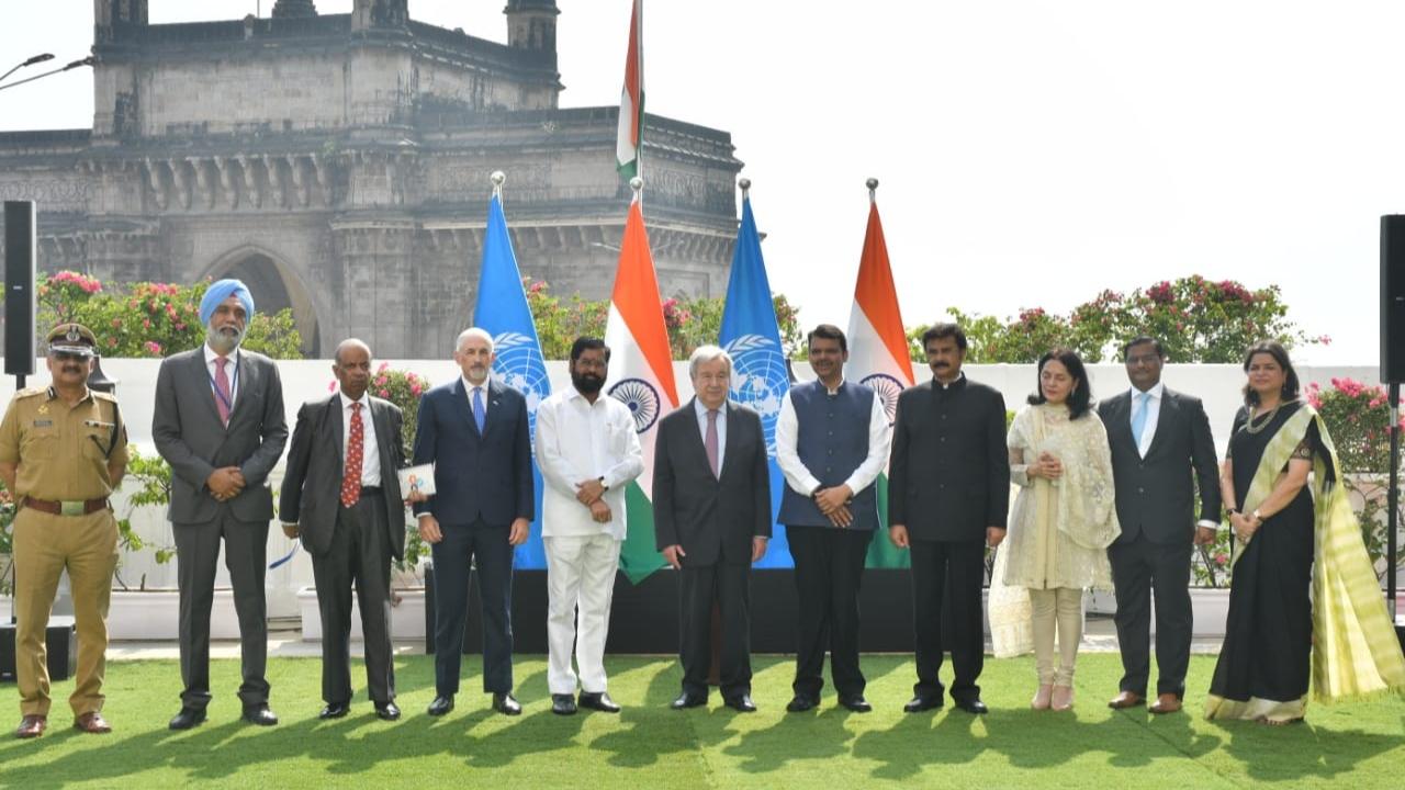 Maharashtra Chief Minister Eknath Shinde and Deputy CM Devendra Fadnavis meet UN Secretary-General Antonio Guterres in Mumbai on the first day of his three-day visit to India Pic/Eknath Shinde team