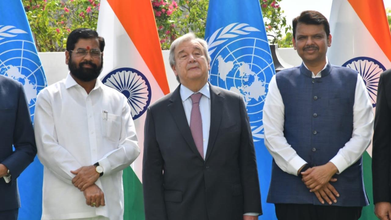 Chief Minister Eknath Shinde and Deputy CM Devendra Fadnavis meets UN Secretary-General Antonio Guterres Pic/Eknath Shinde's team