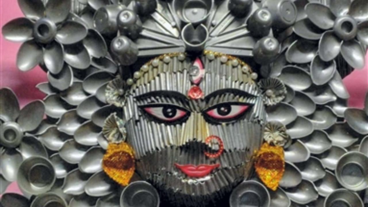 Idol of Goddess Durga with single-use plastic spoons to raise awareness on plastic ban. Several Durga Puja committees across Assam have used environmental-friendly, recyclable and sustainable materials in their pandals and idols this year.