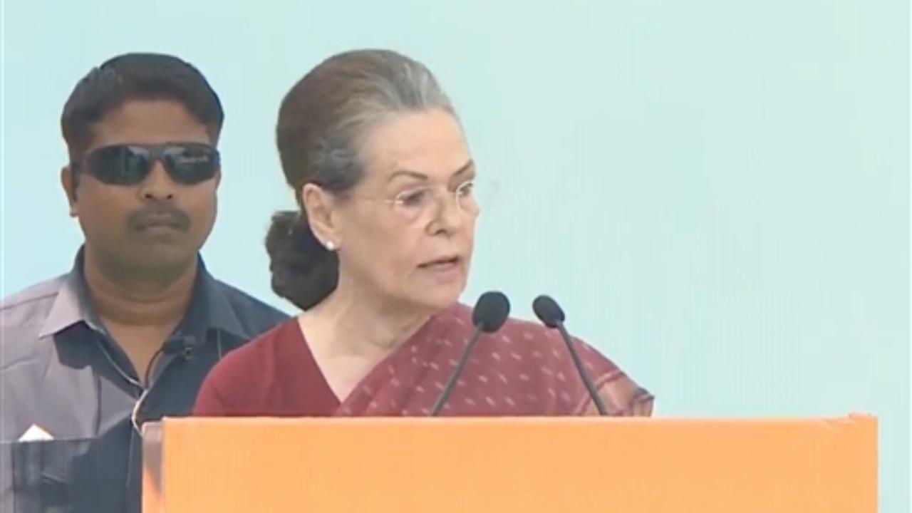 Former Congress president Sonia Gandhi addresses the ceremony for the presentation of the certificate of election to the newly elected Congress President Mallikarjun Kharge