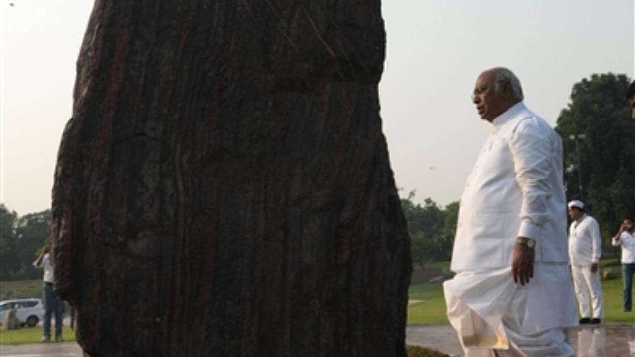 Congress President-elect Mallikarjun Kharge pays homage at the samadhi of former prime minister Indira Gandhi ahead of formally taking over as the party president