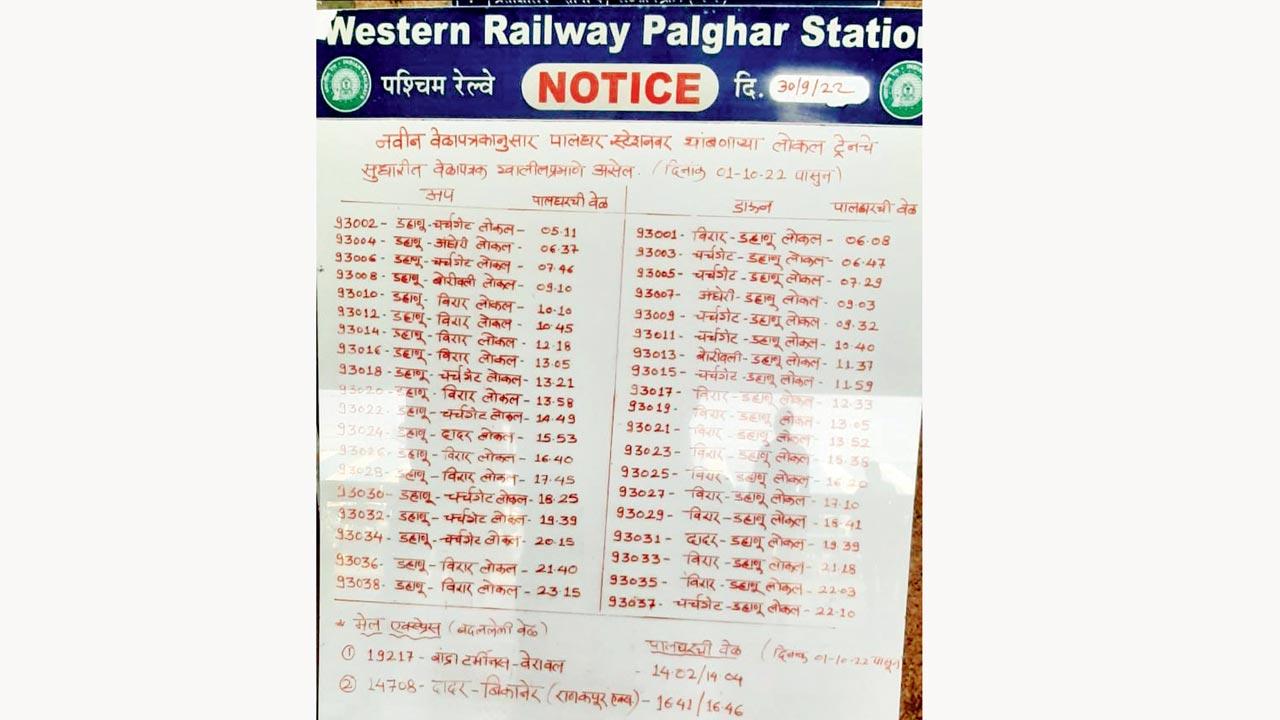 The train timings board at Palghar railway station