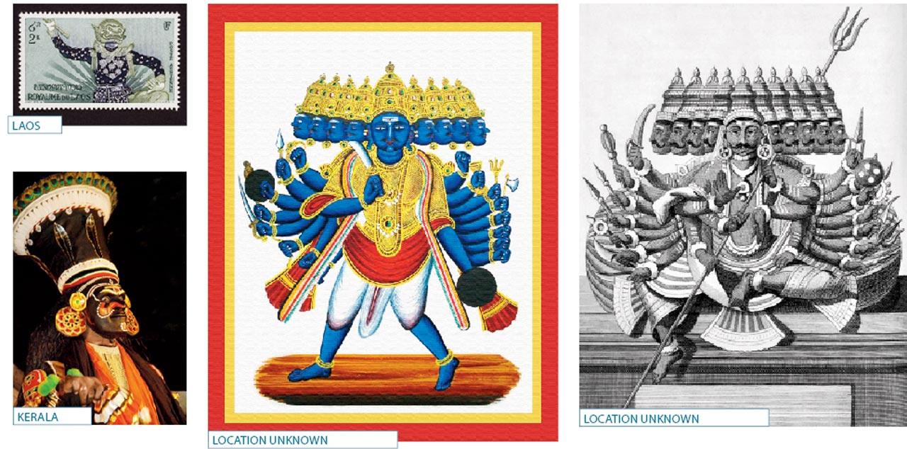 Laos: A postage stamp depicting Raavan, King of the Red Demons, 1955; Kerala: A dancer plays the role of Raavan during a performance of classical dance  drama Koodiyattam; Location Unknown: Nine-headed and 18-armed Raavan in Pratyalidha. Artist unknown, 1830; Location Unknown: Raavan, half Brahmin-half demon ruler of Lanka depicted by Pierre Sonnerat (1748-1814), a French naturalist and explorer who made several voyages to Southeast Asia and published a two-volume account