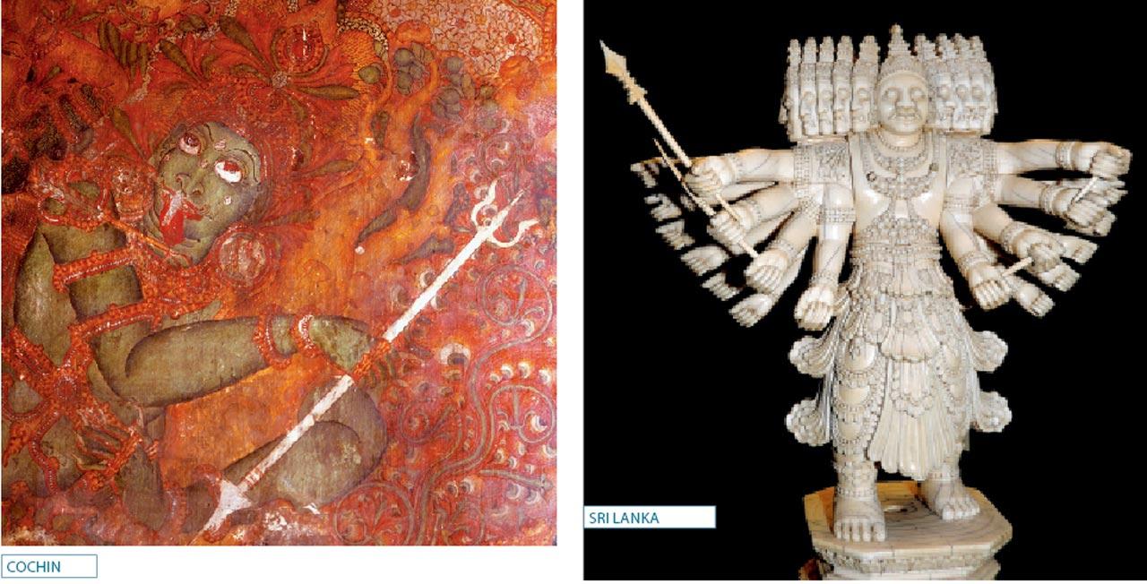 Cochin: A scene from a wall painting dating back to 17th century in the Rajah’s Palace, Cochin. The central figure could be Raavan; Sri Lanka: A carving of Raavan from 18th Century Sri Lanka
