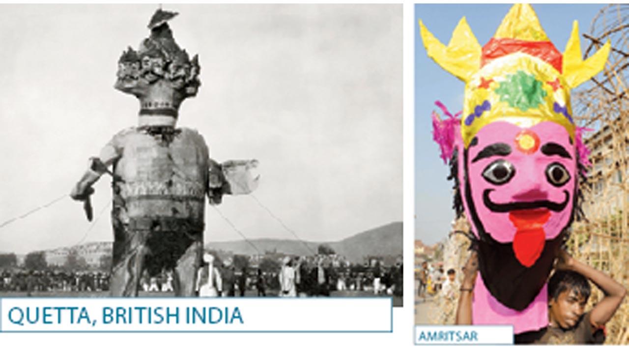 Quetta, British India: A sculpture of the many-headed Raavan on Dussehra in Quetta on the North West frontier of colonial India in the 1930s; Amritsar: A craft effigy of Raavan in Amritsar