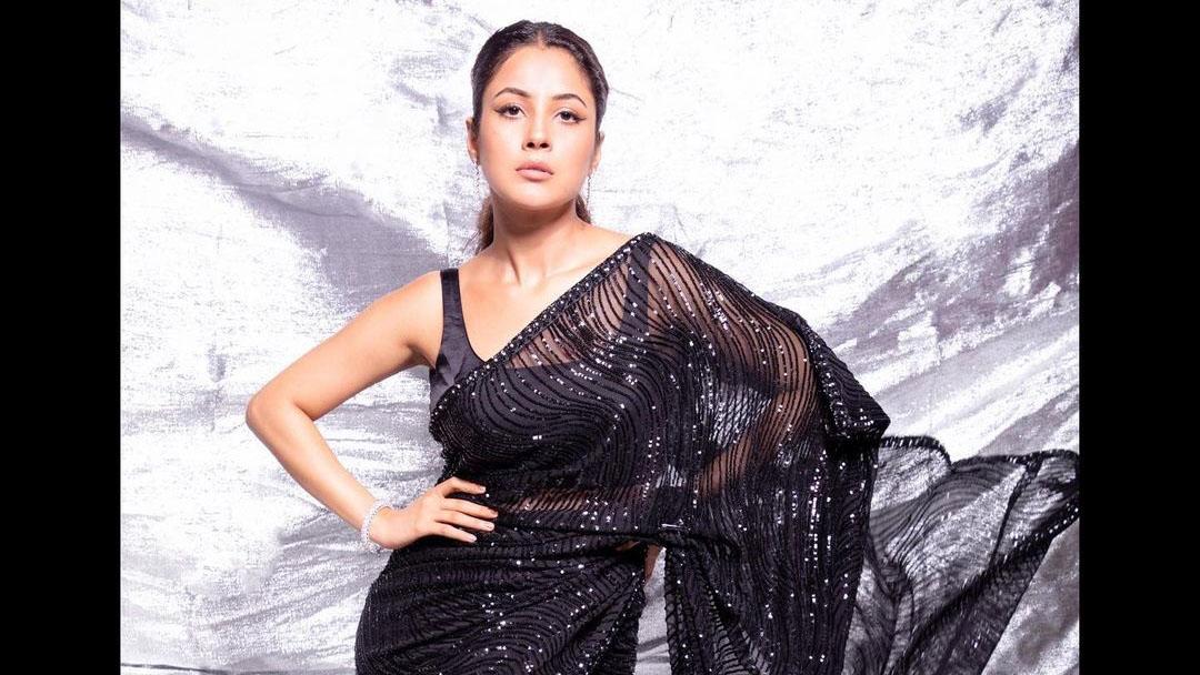 Shehnaaz is the perfect beauty in black this festive season. The sheer saree with an intricate design is a classic pick! 