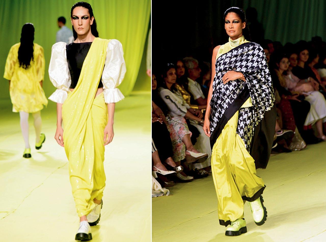 Gaia Kaur in an Abraham & Thakore ensemble; (right) Carol Gracias wears Abraham & Thakore’s black and white houndstooth patterned, double ikat saree 