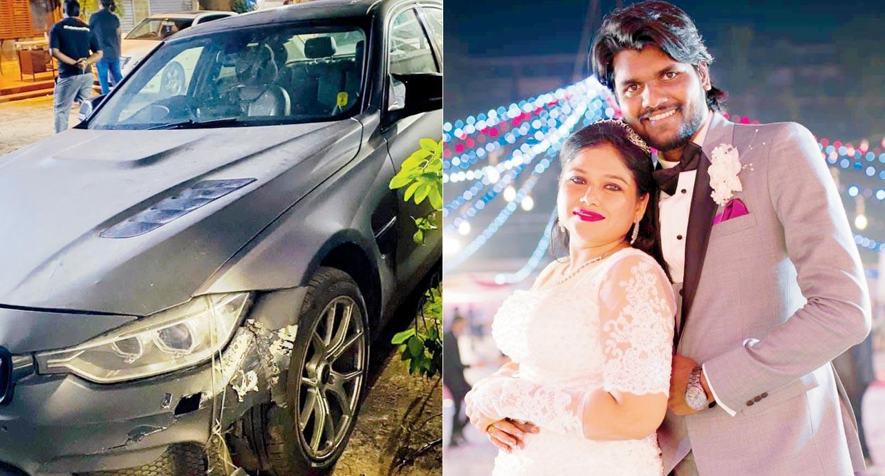 Menezes’s BMW was brought to an Andheri garage on August 29 night, hours after the hit-and-run; (right) Victim Harry Bastian with his wife Jyoti