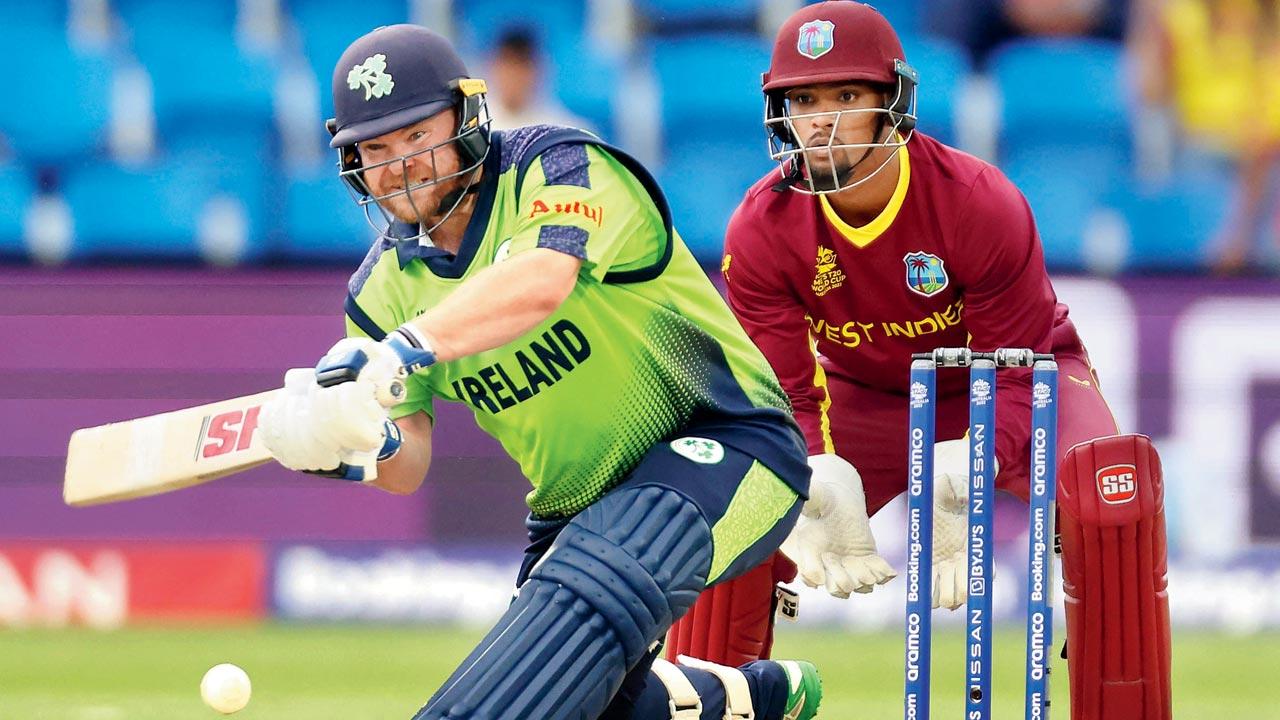 Paul Stirling en route his unbeaten 66 against WI yesterday