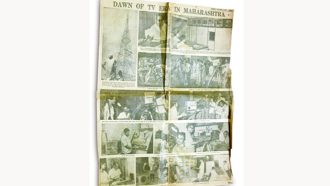 A copy of Screen from October 6, 1972, covering the inauguration of Mumbai Doordarshan. In the pictures, one can spot PV Krishnamurthy, director of the Bombay TV centre and men looking at television station