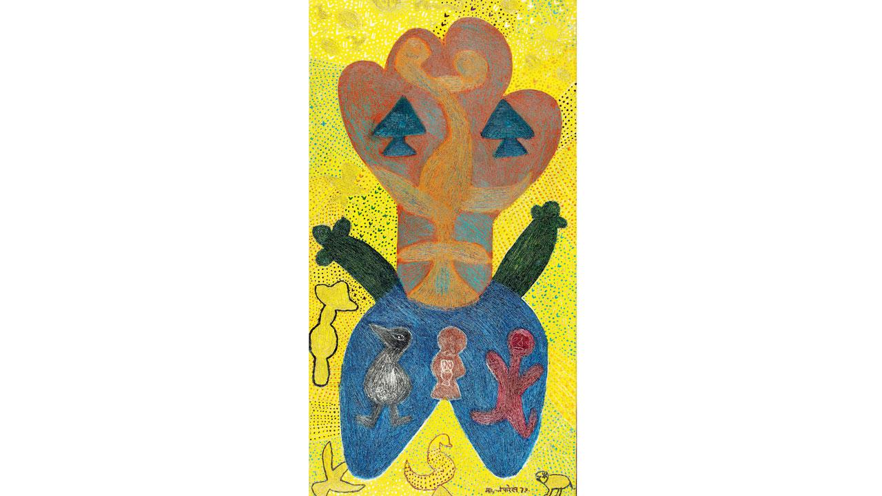 Animal in the Sea, oil and acrylic on canvas, 1978. In the painting, created in Delhi