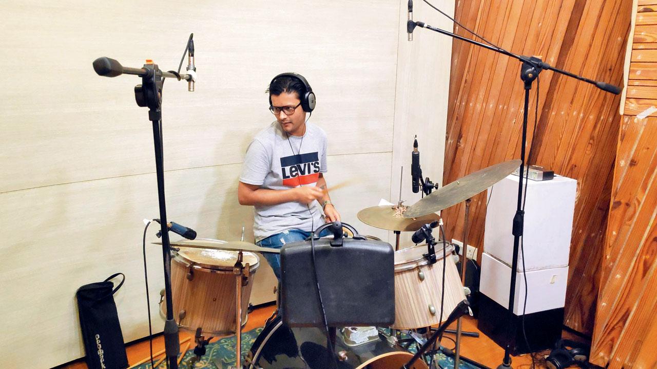 Drummer Aniruddha Saha at the recording session for the album