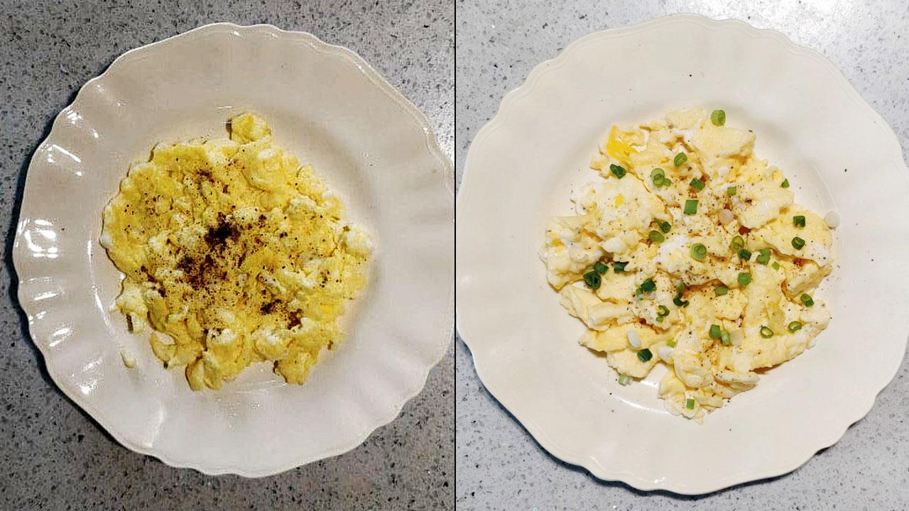 Scrambled eggs made with caged eggs (right) Scrambled eggs made with free-range eggs