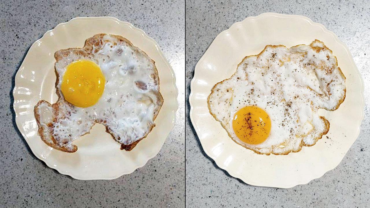 A sunny side-up made with a caged egg. Pics/Tanishka D’Lyma (right) A sunny side-up egg made with a free-range egg