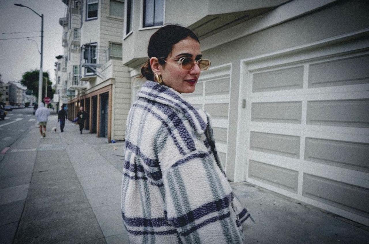 In her third look, Fatima Sana Shaikh gives Boss Lady vibes in check blazer, she donned this look with sunglasses and golden hoops that completely matched her outfit
