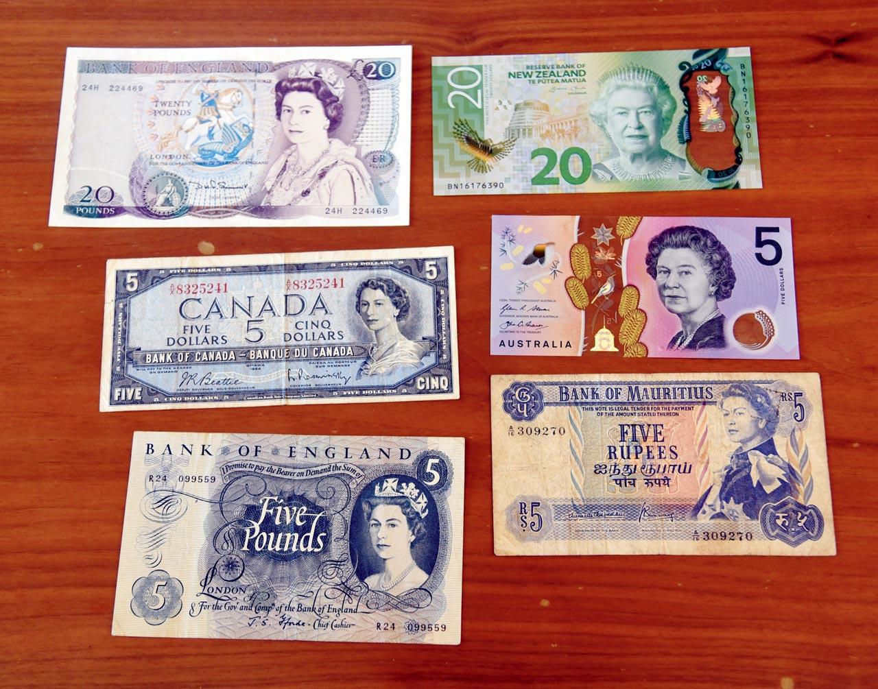 The various avatars in which the late Queen has appeared on banknotes of 24 countries