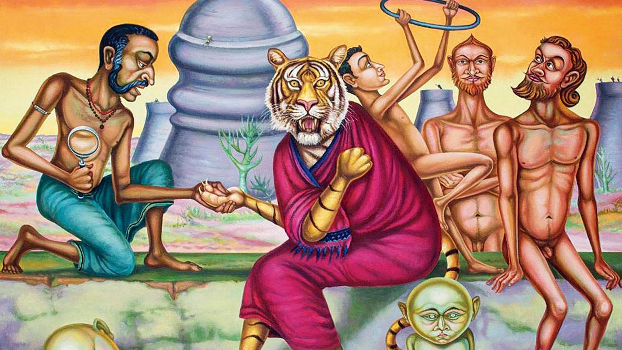 Fortune telling a cold tiger, oil on canvas, by Gopikrishna, which will be on view at Art Musings during the weekender
