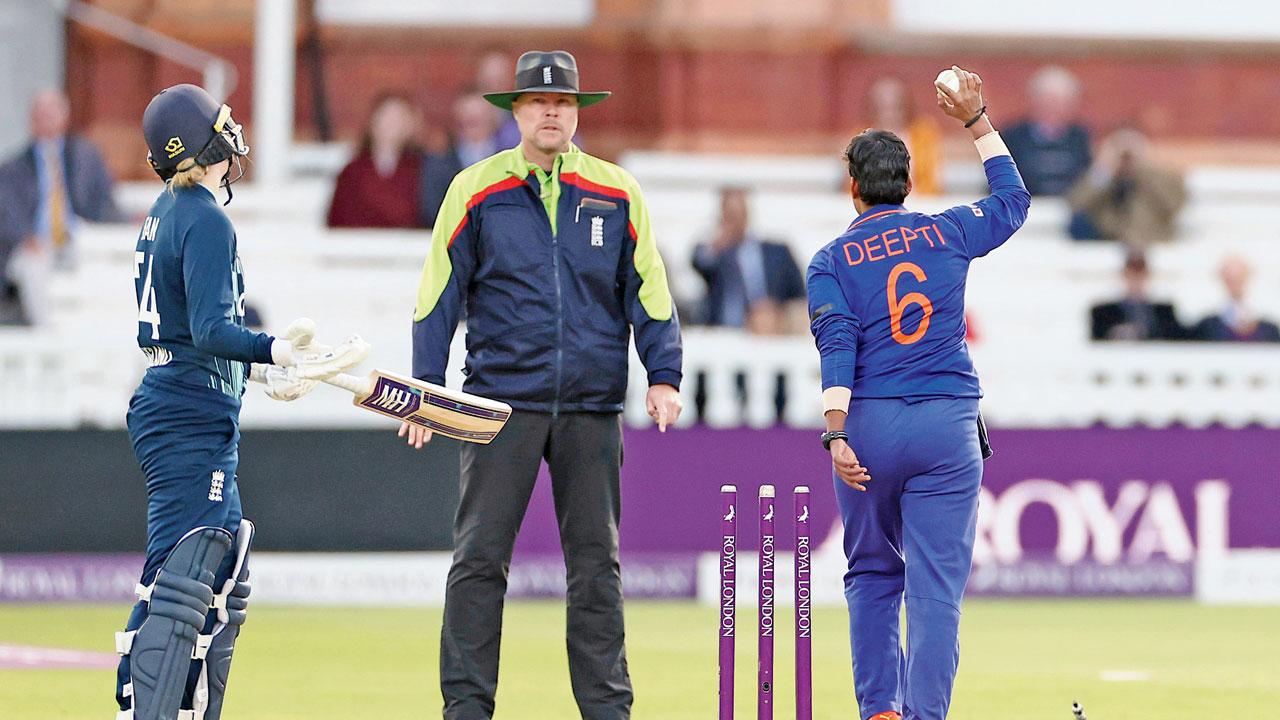 India’s Deepti Sharma whips off the bails to dismiss England non-striker Charlie Dean for backing up too far in the third ODI at Lord’s on Saturday