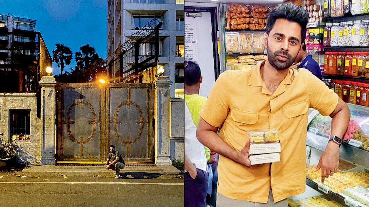 The comedian poses outside the gates of SRK’s Mannat (right) Hasan Minhaj at a mithai shop. Pics Courtesy/Instagram
