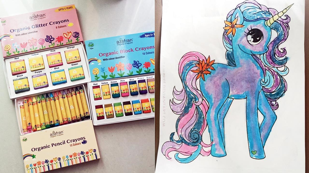 The package of organic pencil crayons; (right) A unicorn coloured by the kids
