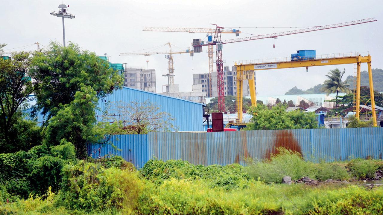 The blue coloured shed that was erected for the proposed Bhoomi Pujan of Balaji temple on August 21, 2022, which was cancelled at the last minute
