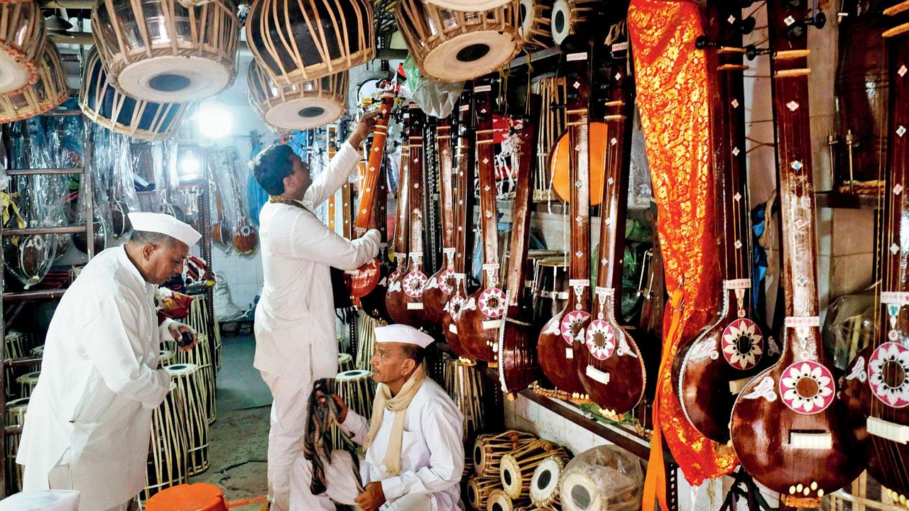 Musical instruments shop at Alandi for pilgrims to purchase and use during the Wari. Pic Courtesy/Shantanu Das