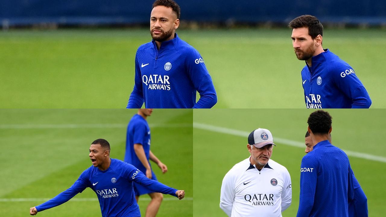 A collage of PSG players in their training ahead of their UCL clash against Maccabi Haifa. Photos/AFP