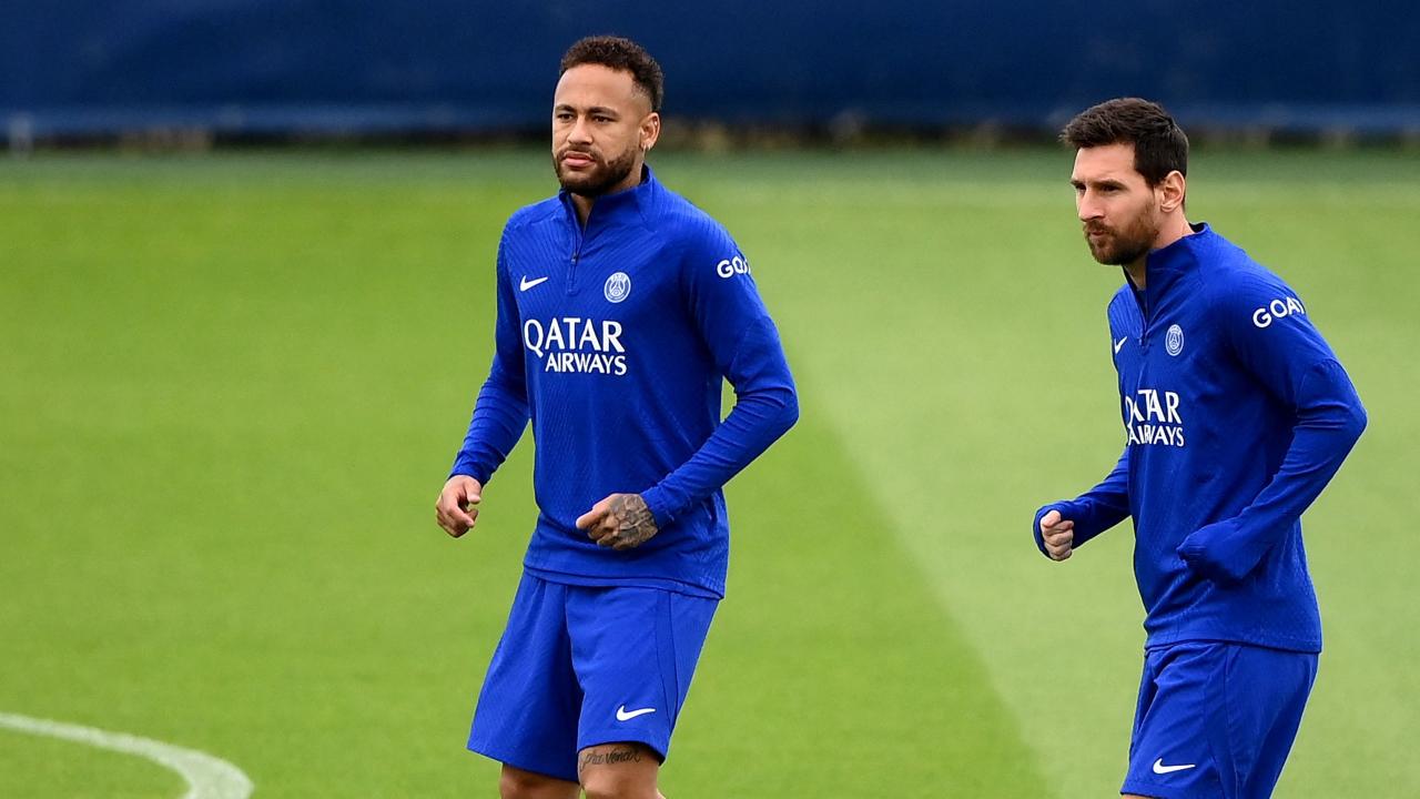 Paris Saint-Germain's Brazilian forward Neymar (L) and Paris Saint-Germain's Argentinian forward Lionel Messi take part in a training session at the club's training ground. PSG travel to Israel to take on Maccabi Haifa for their UCL Group game.