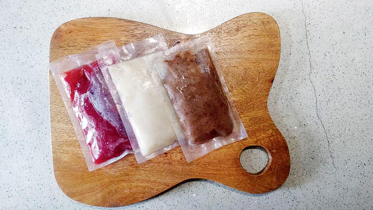 The inner packaging of banana and date custard apple and dragon pop purees