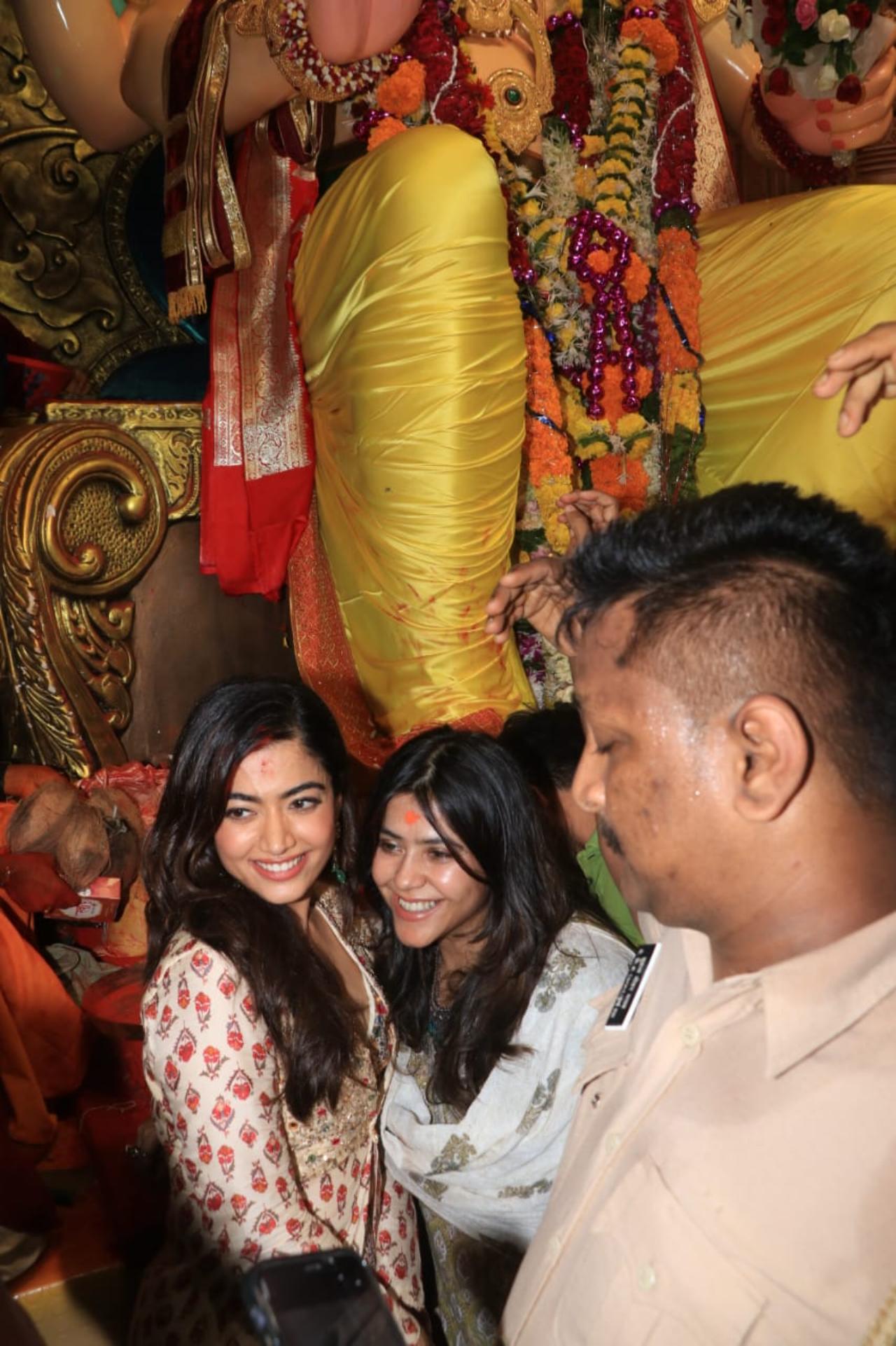 Rashmika Mandanna is all set to make her Hindi film debut with 'Goodbye' in October. The actress was in Mumbai on Tuesday for the trailer launch of her film. Post the trailer launch, Rashmika was seen visiting Lalbaugcha Raja along with co-star Neena Gupta and film's producer Ektaa Kapoor