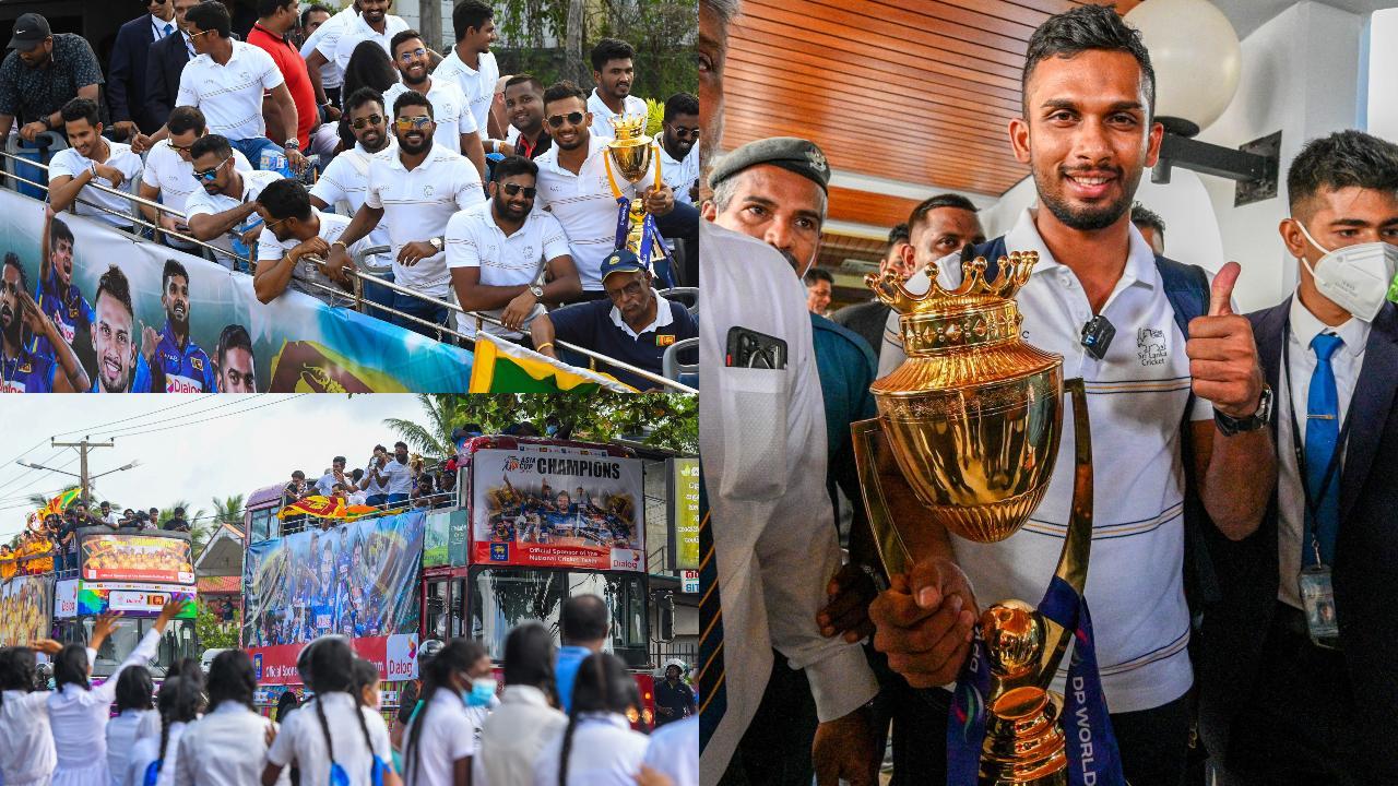 A collage of Sri Lanka team getting a grand welcome back home. Photos/AFP