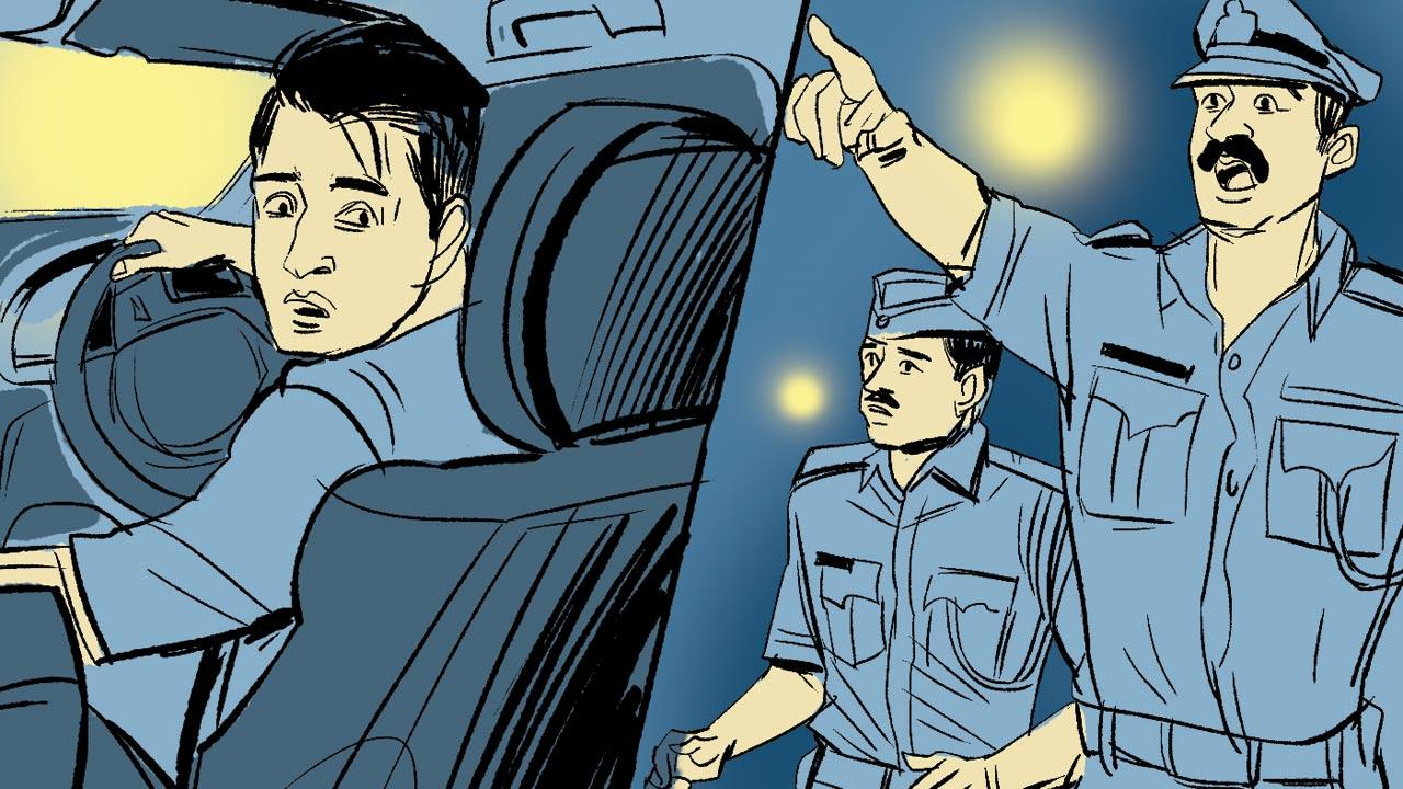 Nishiket More stops his Wagon R a little ahead, looks back and notices the police and the locals gathering, and flees. The police were there for a nakabandi, said cops