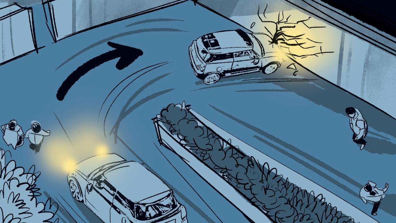 With the police on his back, he takes a U-turn after around 3 km, and crashes into the compound wall of Laxmi Niwas society at Parnaka, Vasai West. Three-four bikes parked inside the society were also damaged. “We nabbed him, booked him for hit and run, and got his custody for three days,” said Gujar