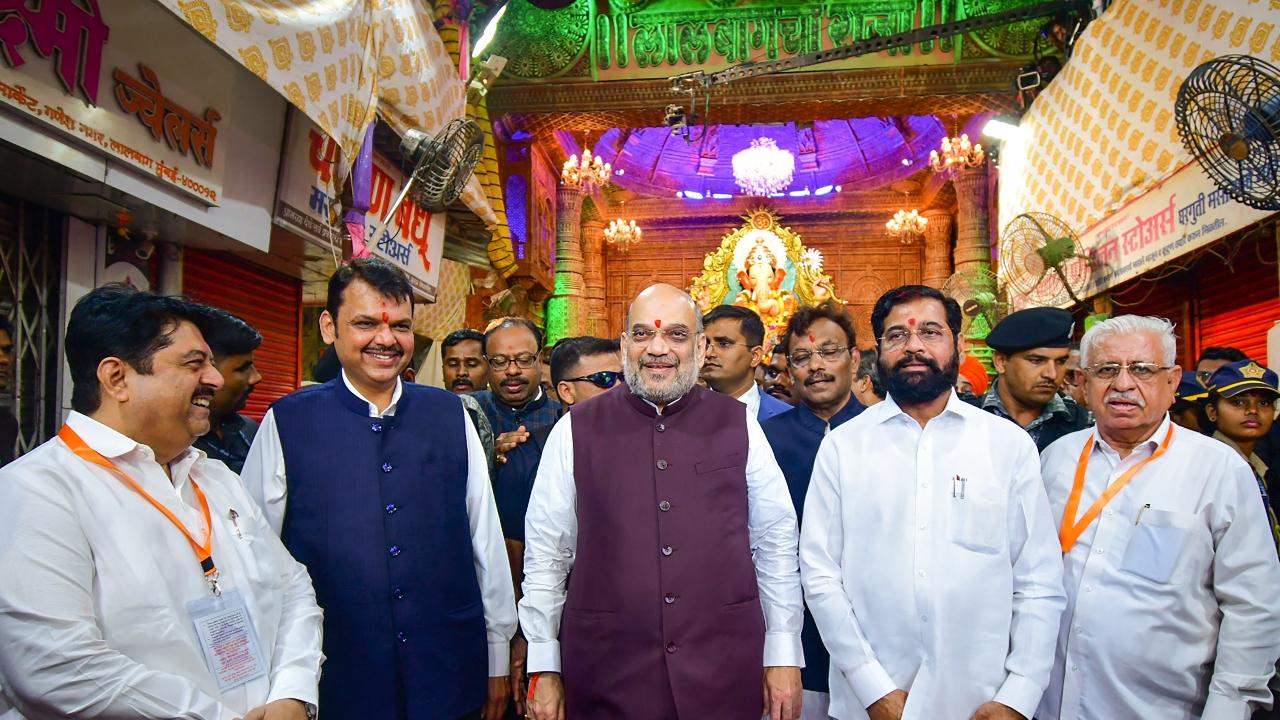 Union Home Minister Amit Shah with wife Sonal visits Lalbaug cha Raja, the prominent Ganesh mandal, in Mumbai