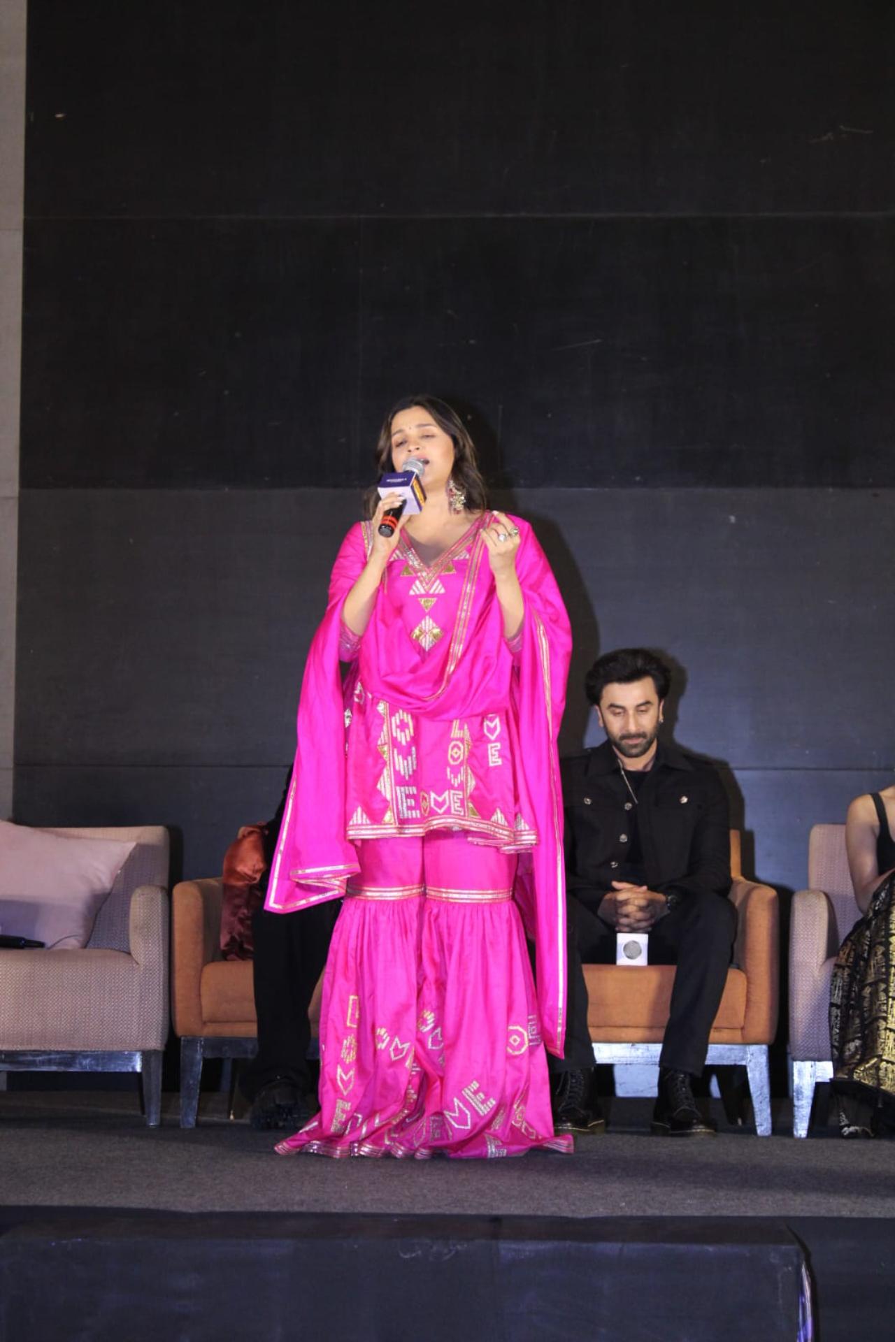 At the event which was also graced by SS Rajamouli and Jr NTR, Alia sang the Telugu version of 'Kesariya' from the film. Ranbir also gave a message in Telugu to the people present at the event